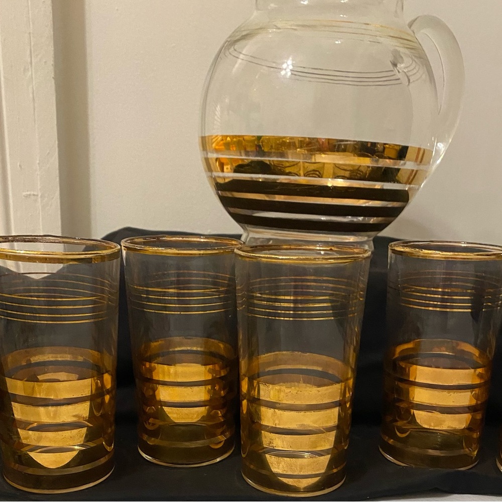 7 pc. VTG 1940s Macbeth Evans Sovereign Ice Lip Ball Pitcher & 5” Glass Tumblers